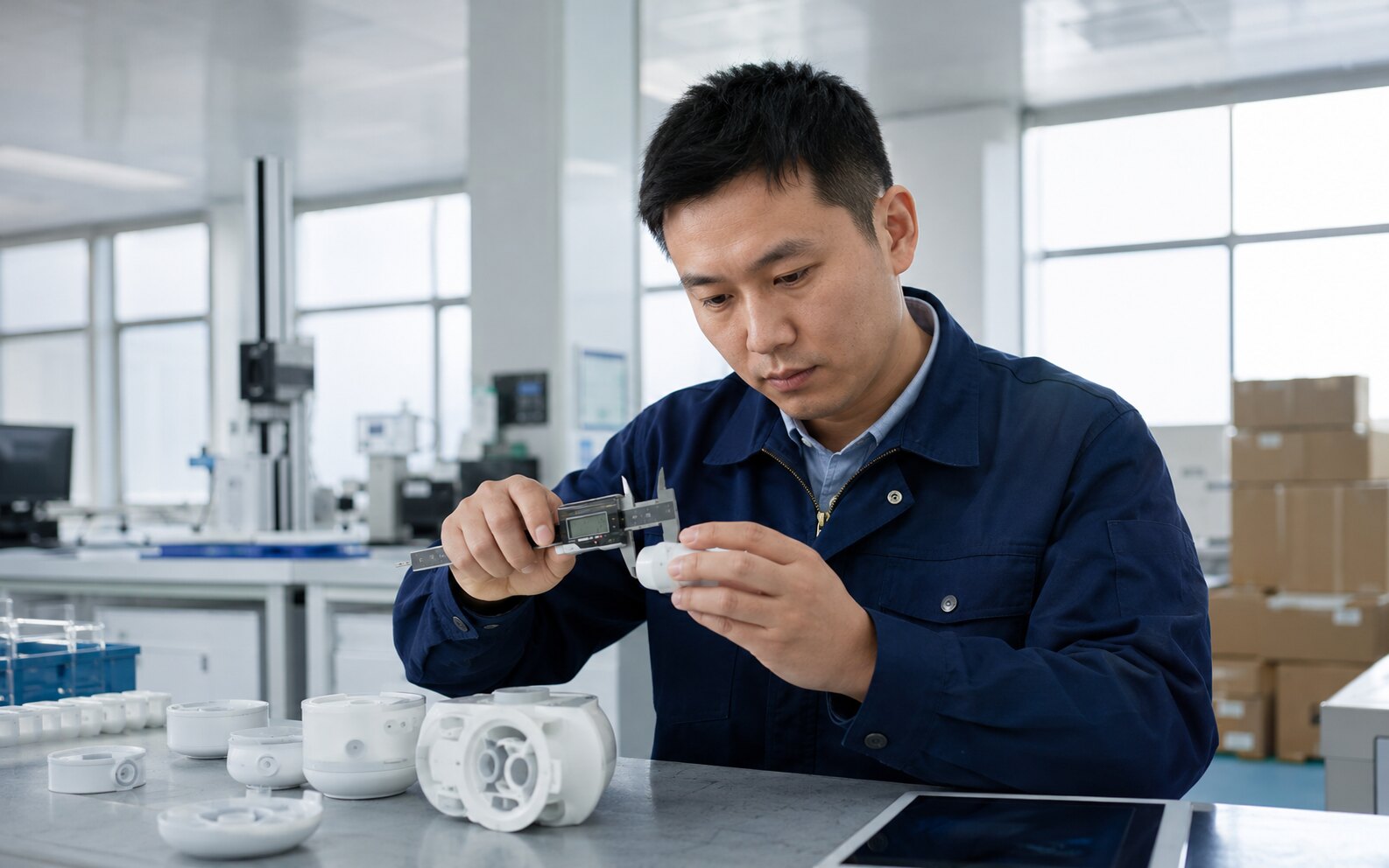 CPARCEL-Inspektor bei der Maßkontrolle eines Produkts in China